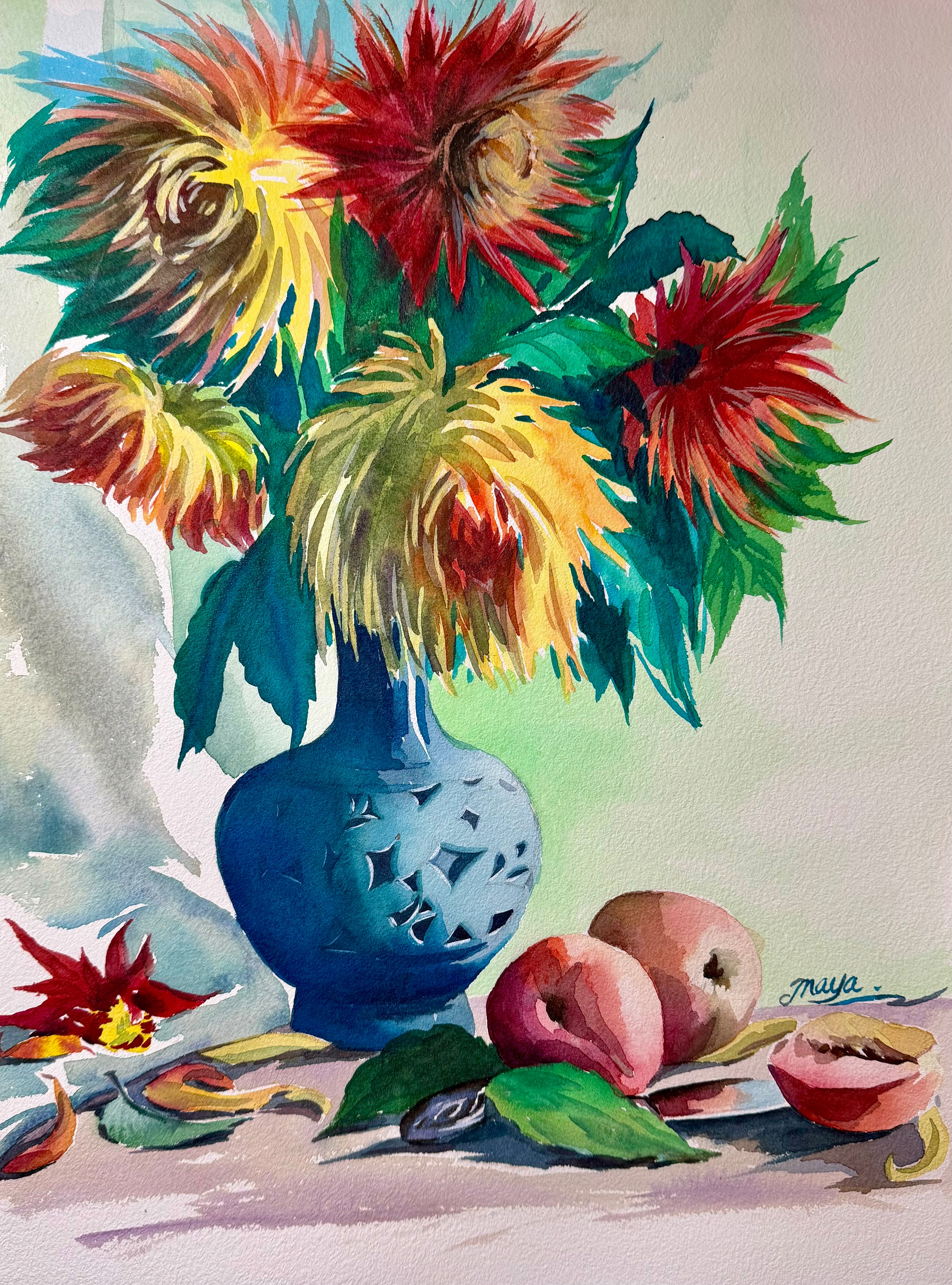 Original Watercolour Painting - "Chrysanthemums in Blue Vase with Fruit"
