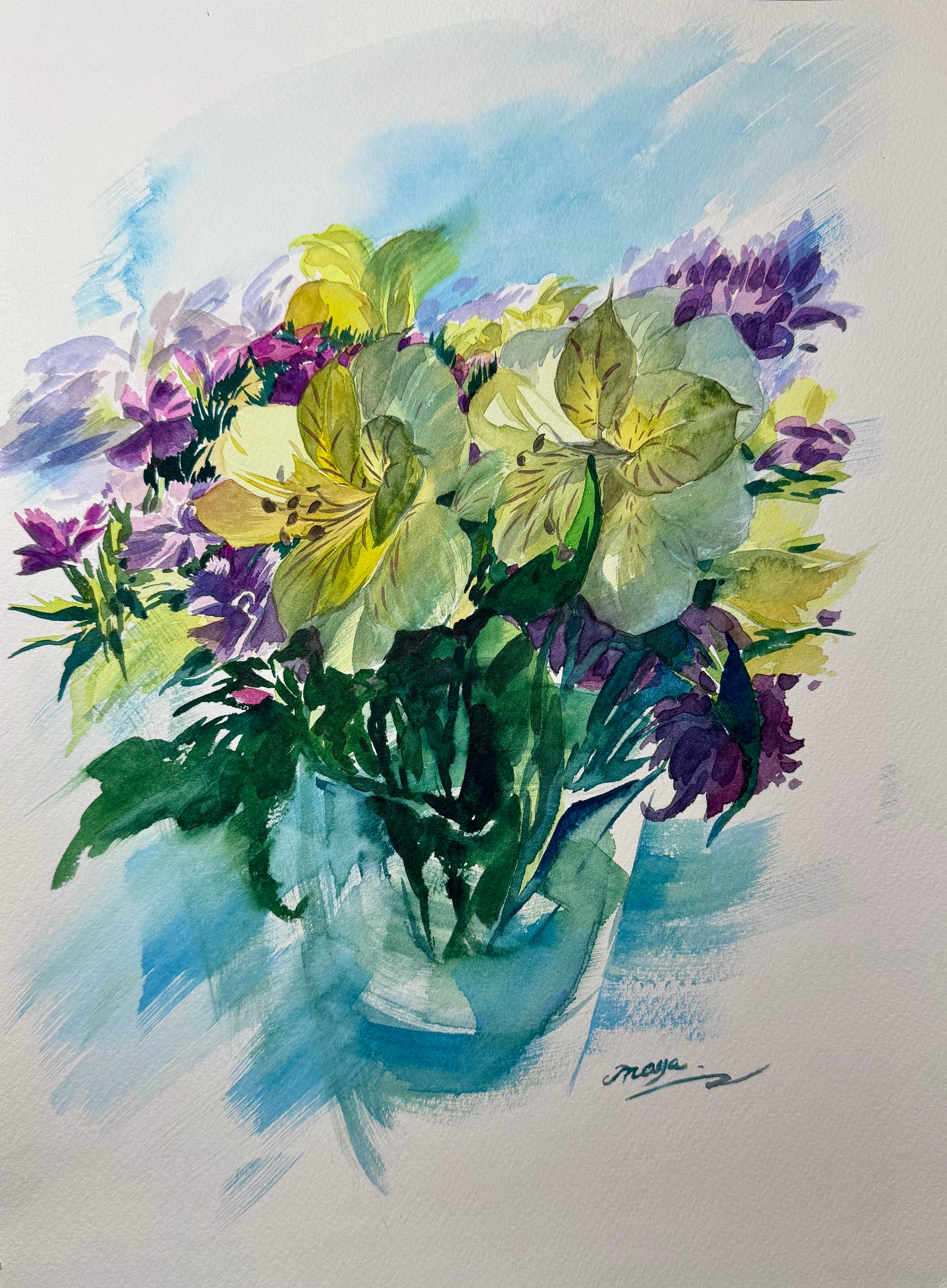 Original Watercolour Painting - "Yellow and Purple Floral Bouquet"