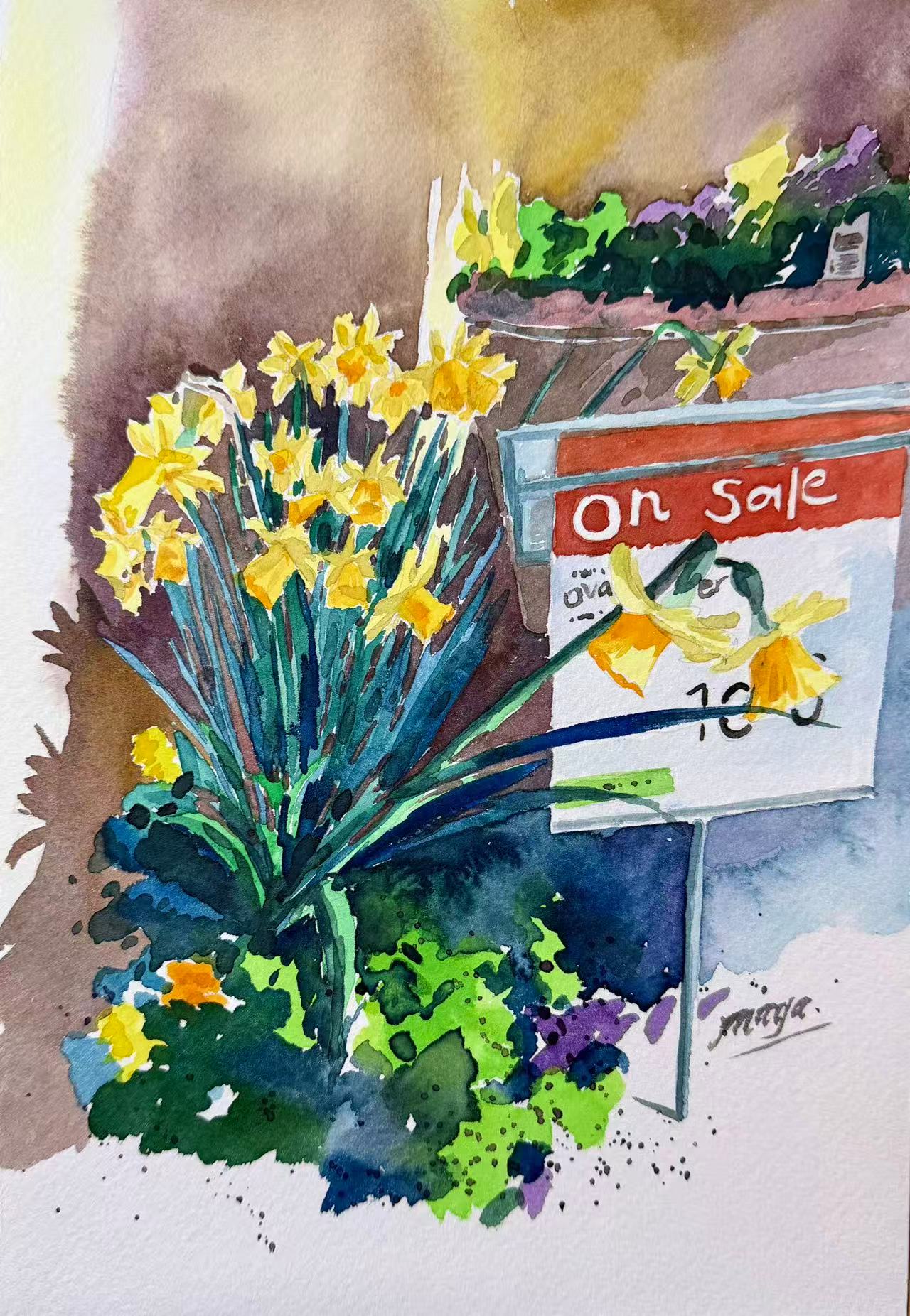 Original Watercolour Painting - "Daffodils on Sale"