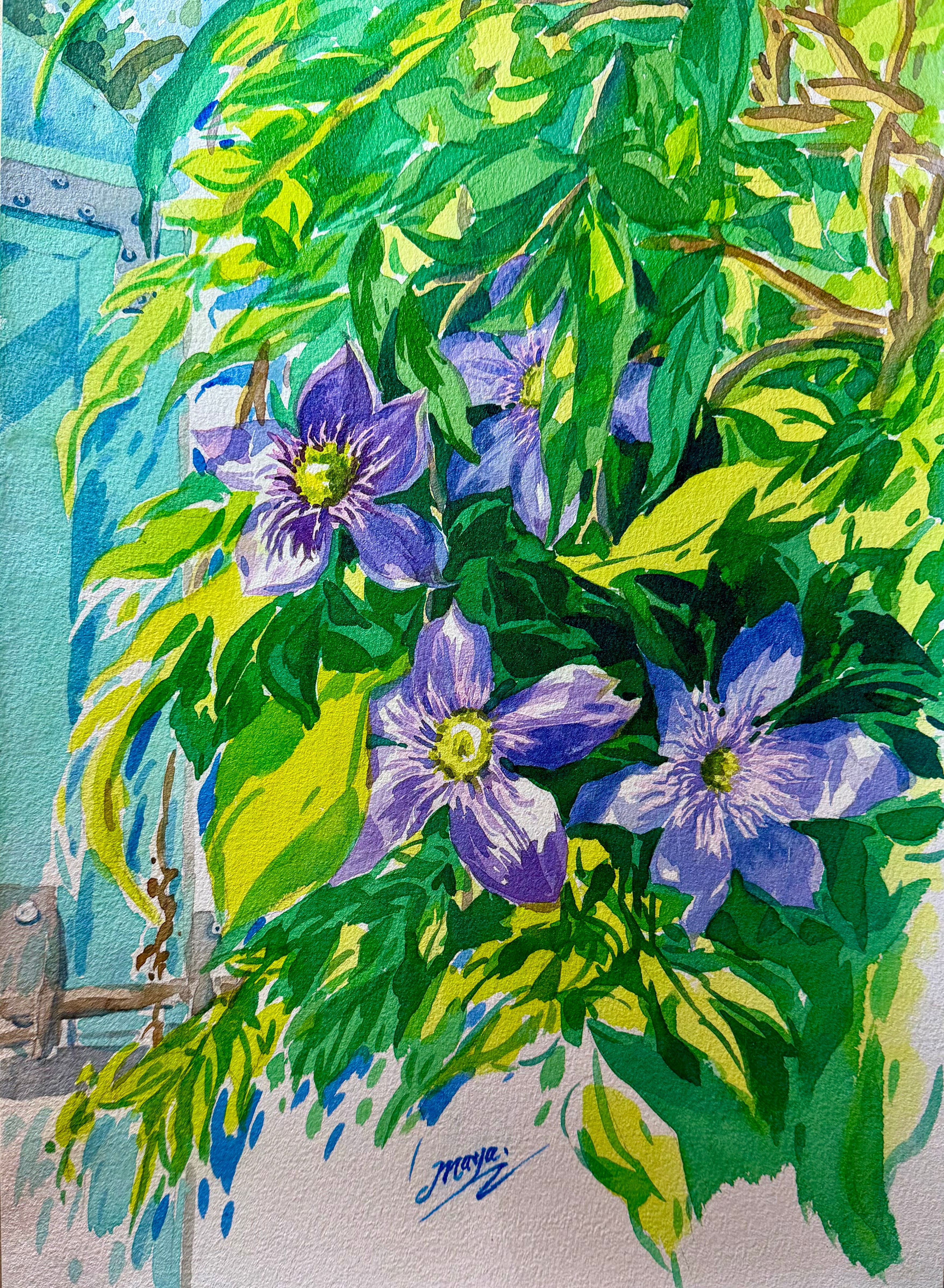 Original Watercolour Painting - "Purple Blossoms with Green Foliage"