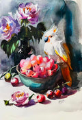 Original Watercolour Painting - "Cockatoo and Fruit Still Life"
