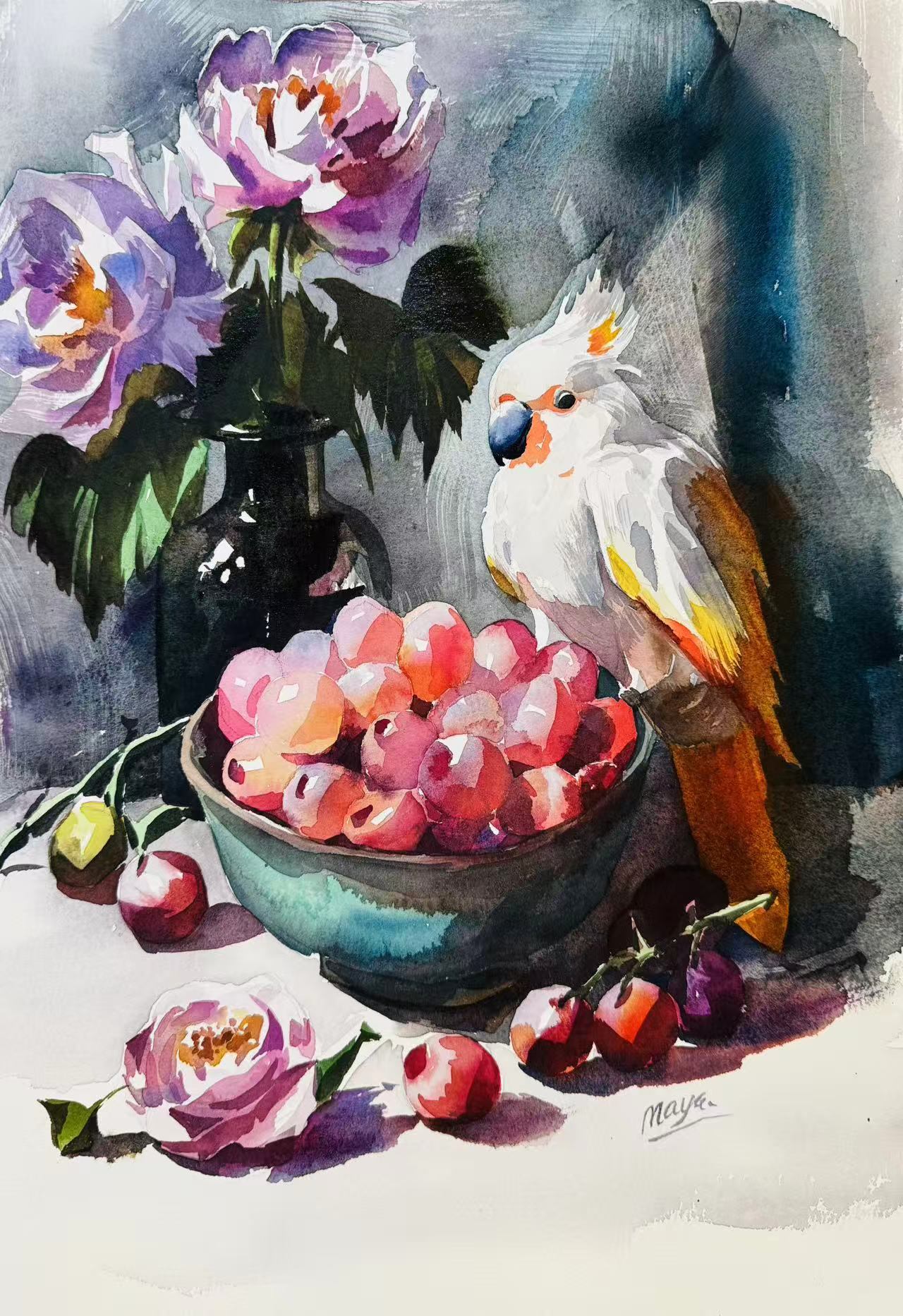 Original Watercolour Painting - "Cockatoo and Fruit Still Life"