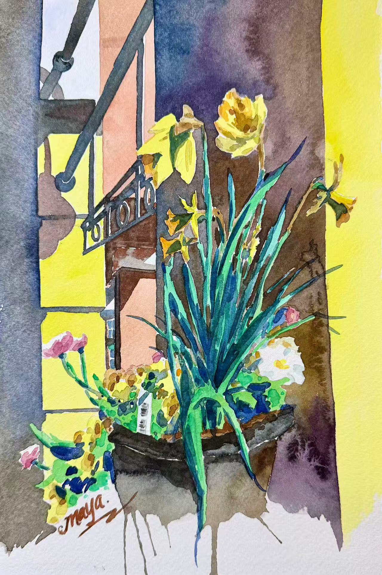 Original Watercolour Painting - "Daffodils in a Planter"