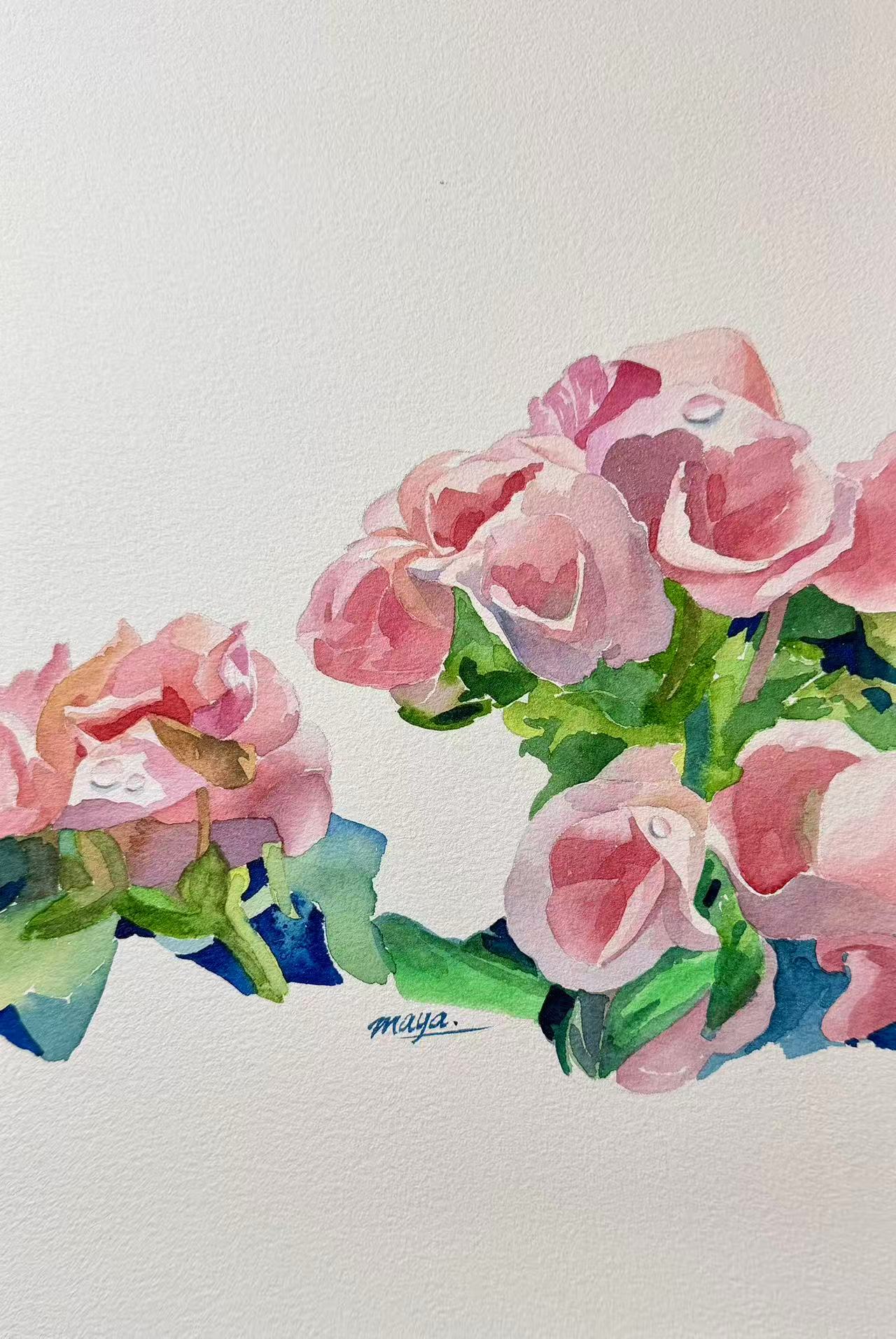 Original Watercolour Painting - "Pink Blossoms with Water Droplets"