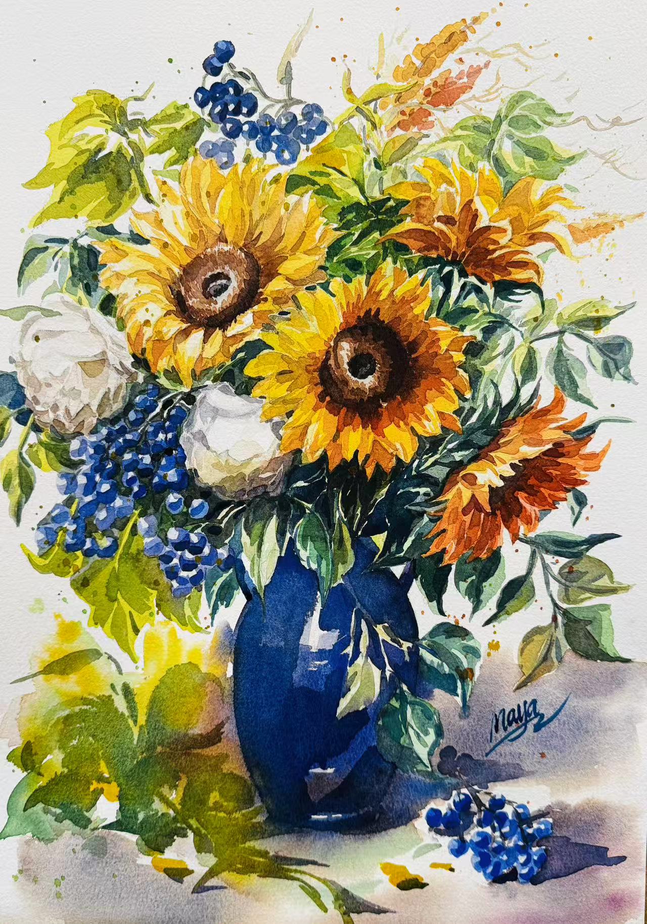 Original Watercolour - "Sunflowers in Cobalt Vase"